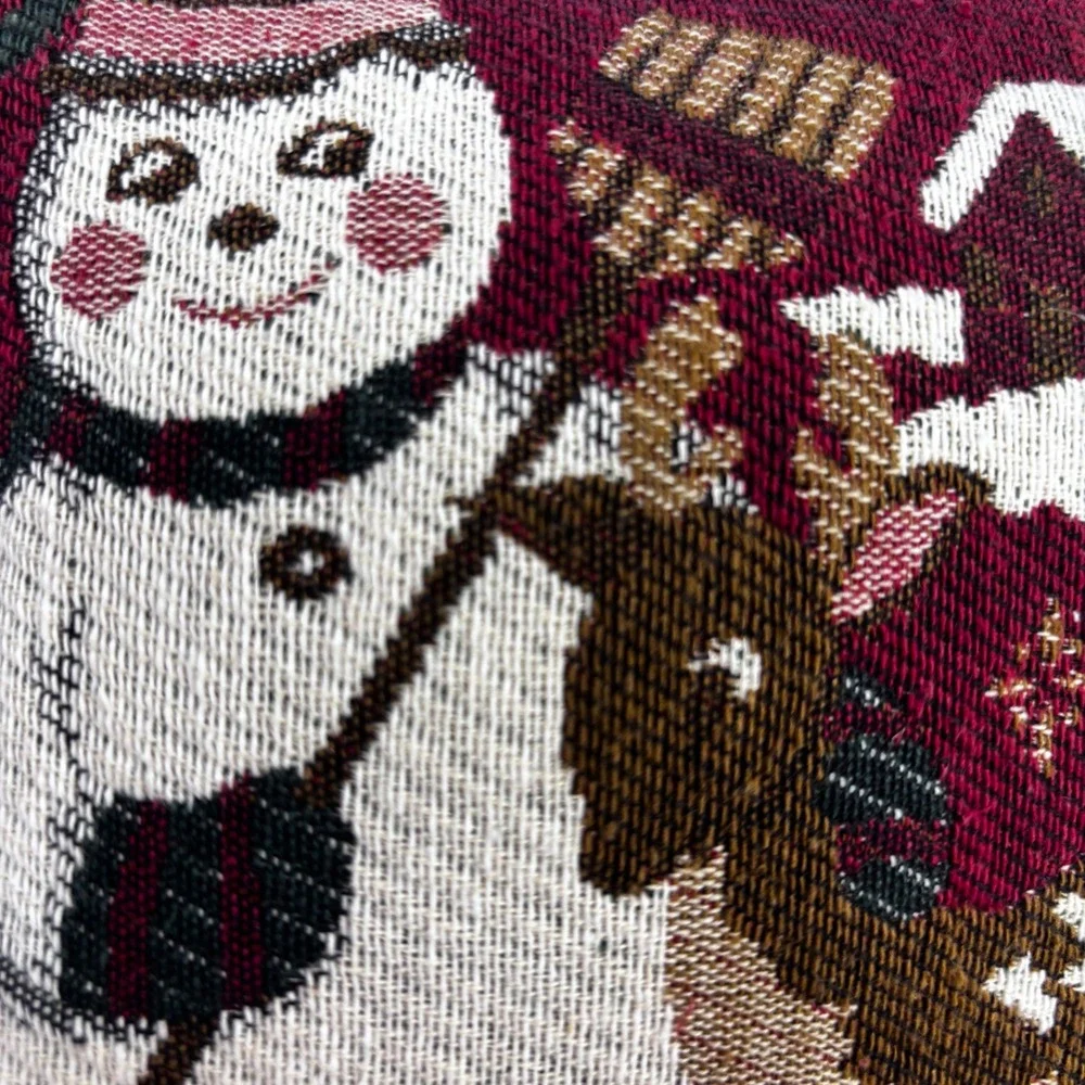 Christmas Tapestry Snowman Reindeer Small Decorative Pillow Red Green 8x8